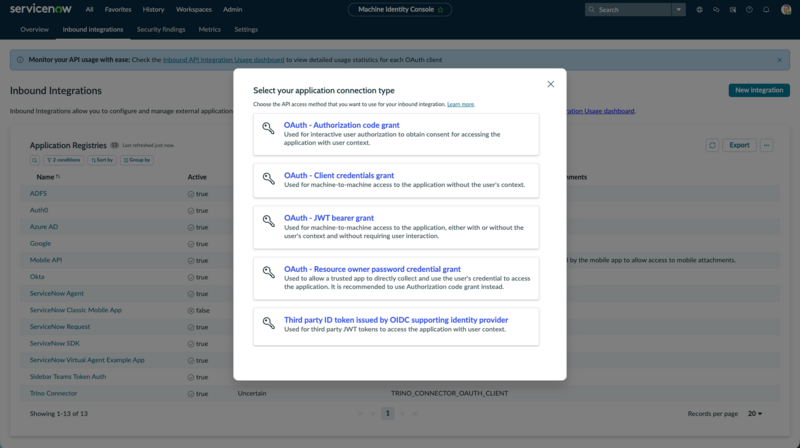 Displays the application connection type page