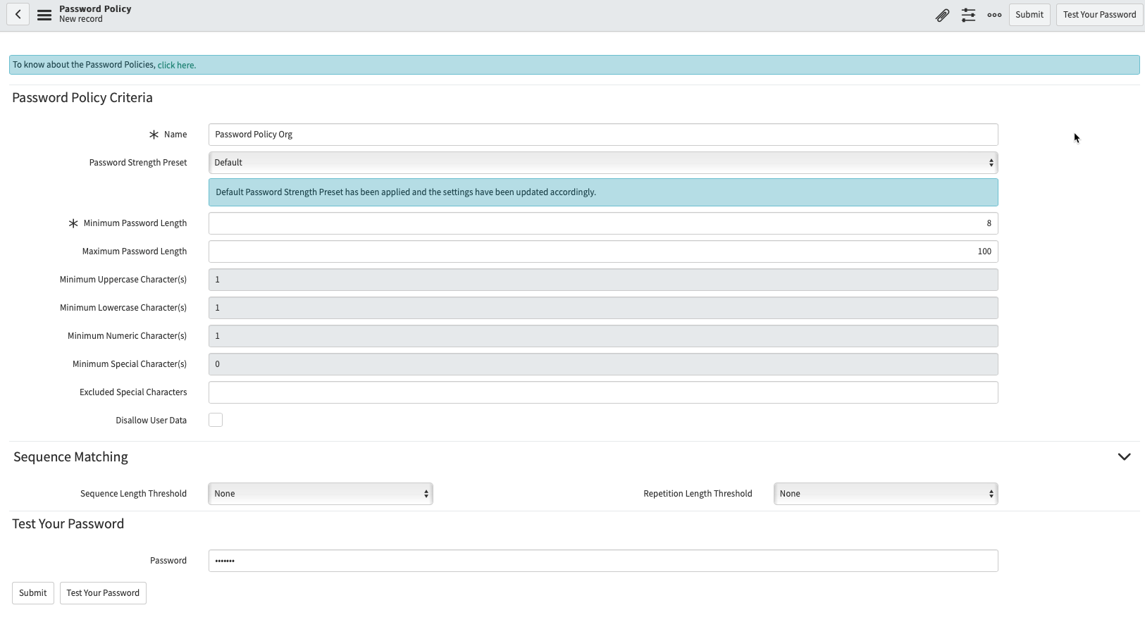 Password policy new record creation