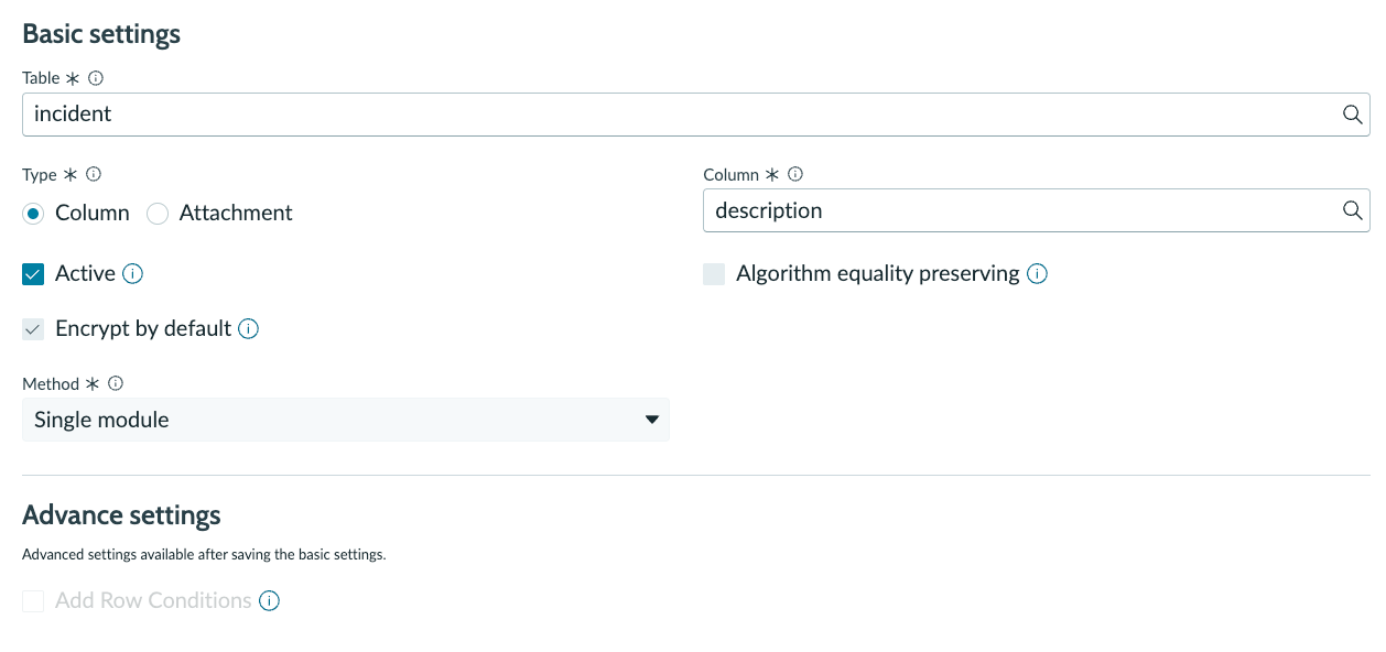 Shows a completed Encrypted Field Configuration.