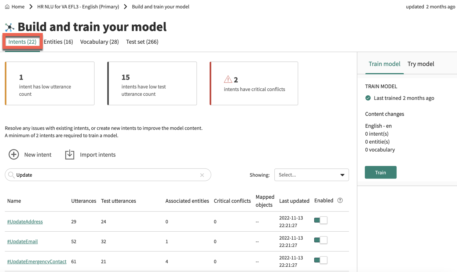 Registerkarte Absichten der Phase Modell erstellen und trainieren