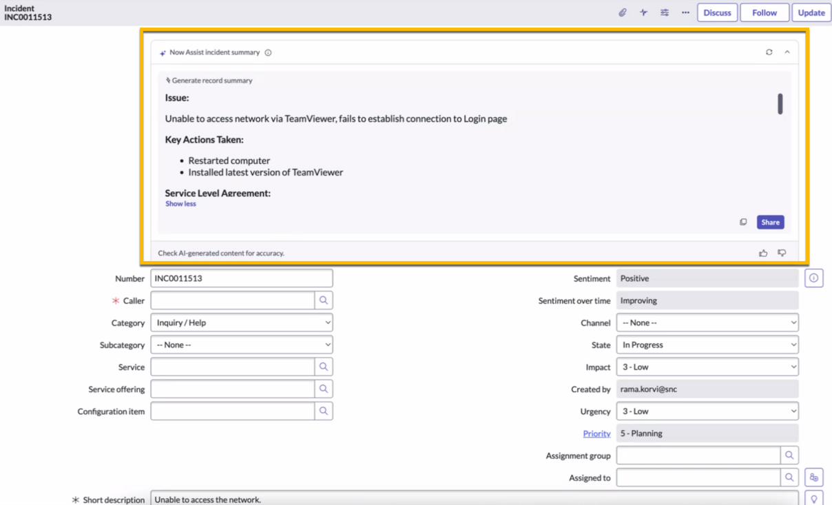 Incident-Zusammenfassung in Now Assist für ITSM in Core-UI