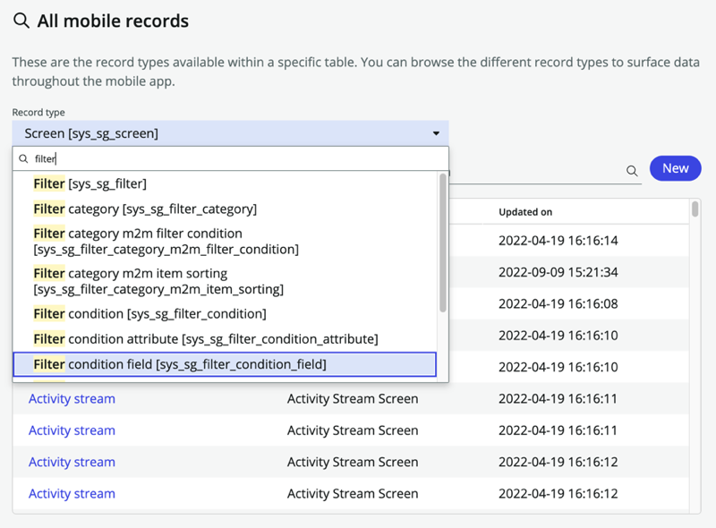 Mobile App Builder All mobile records category with the record type drop-down displayed.