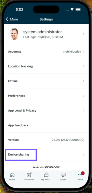 Settings page with Device sharing option