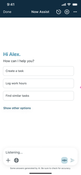 Now Assist search bar shows it's listening to the user's voice