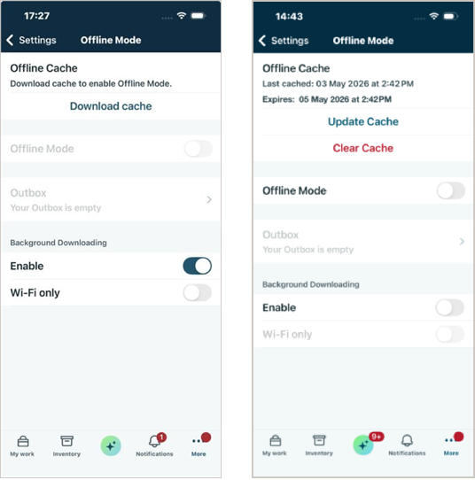 Example screens of downloading data in Offline mode and the Download Complete success message.