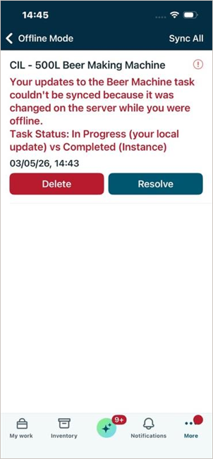 Options listed to delete or resolve listed error
