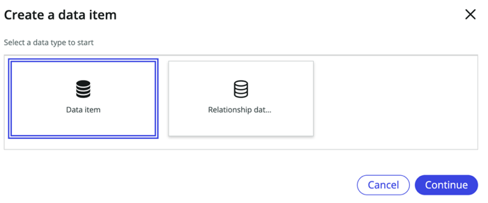 Create a new data item screen.