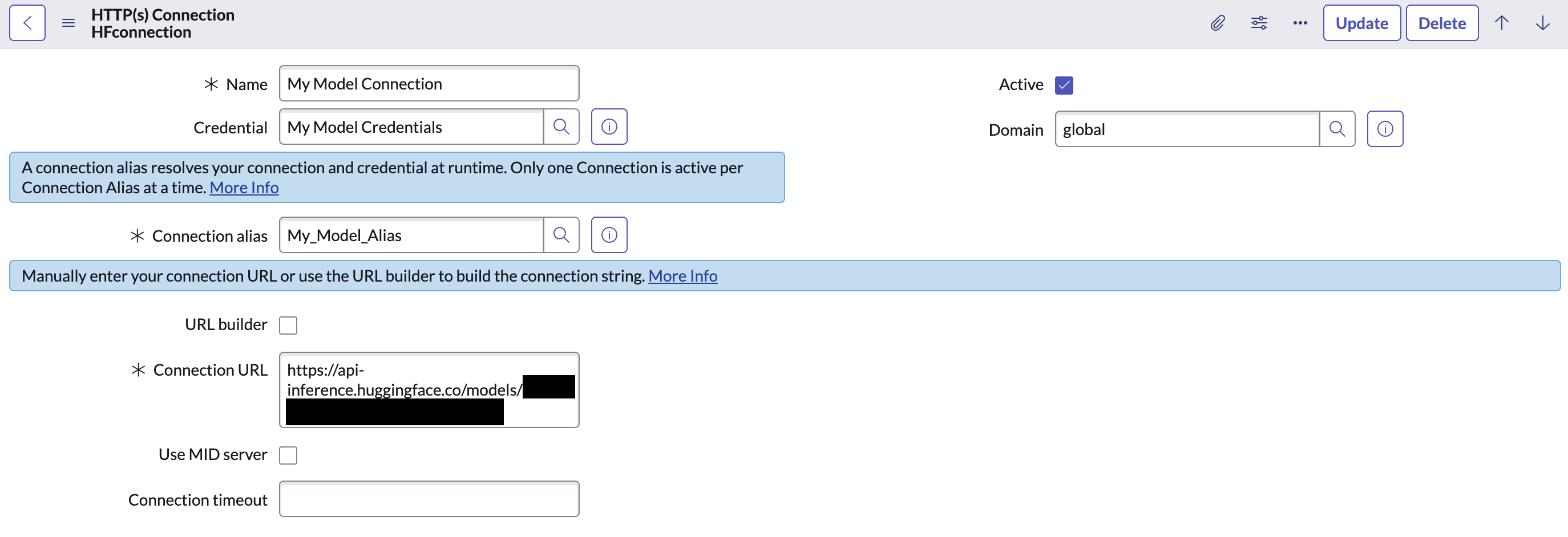 HTTP(s) Connection record filled in with My Model credential, alias, and connection URL.