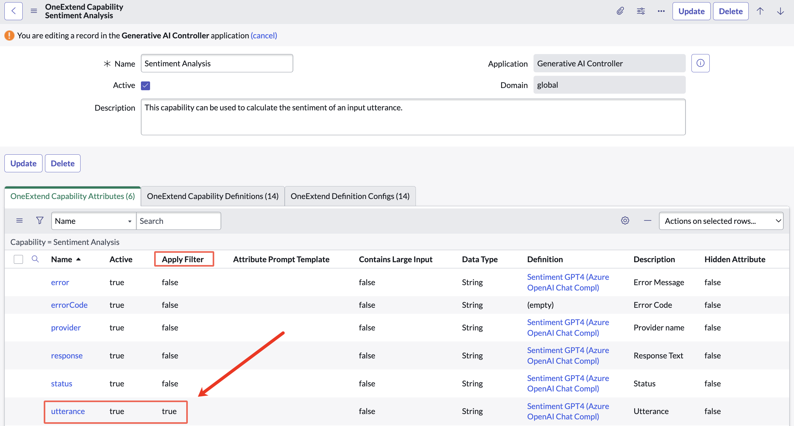OneExtend Capability record for Sentiment Analysis with the utterance record on the OneExtend Capability Attributes table with Apply Filter set to true.