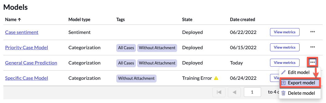 Export model button in the Models list.