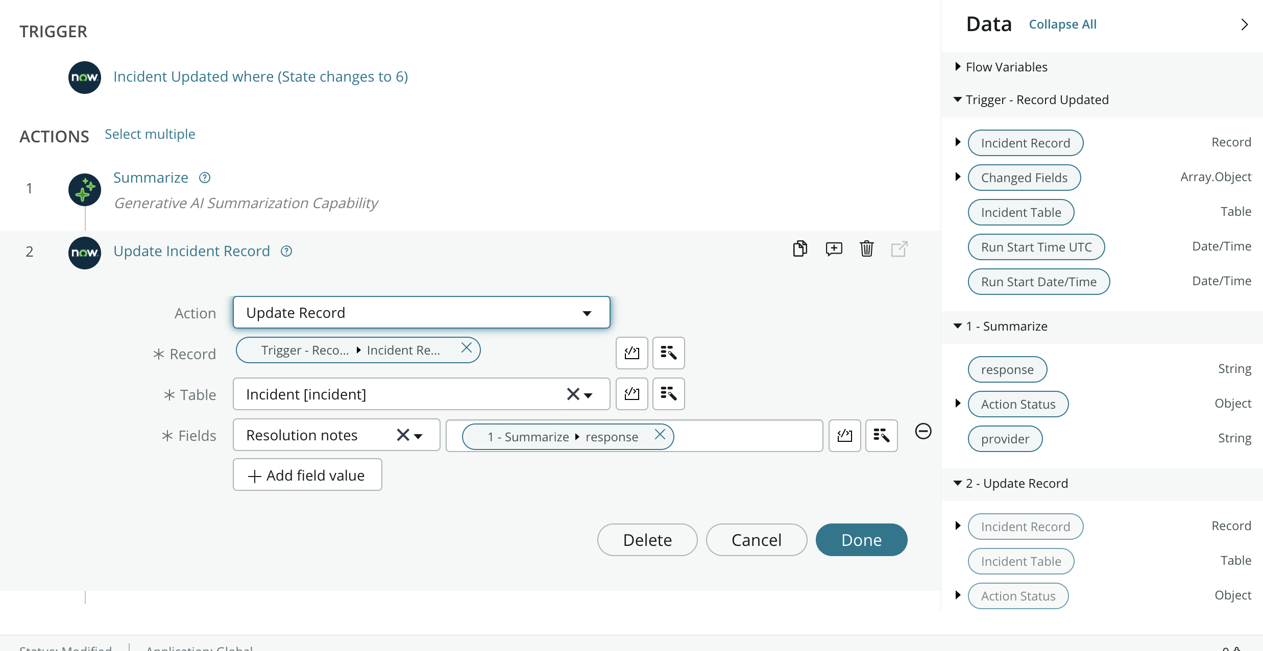 Resolution notes field with summarize response included.