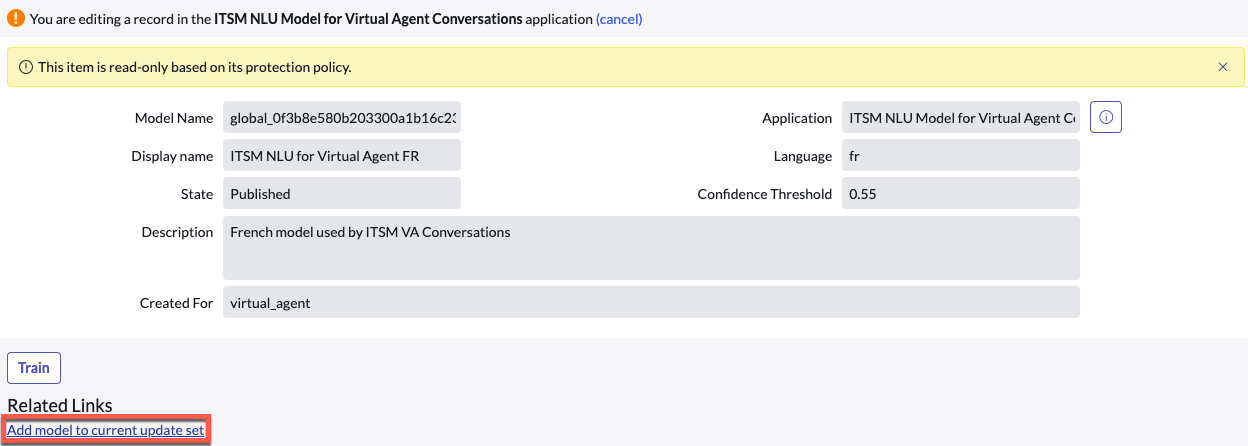 Model page with the add model to current update set button highlighted.