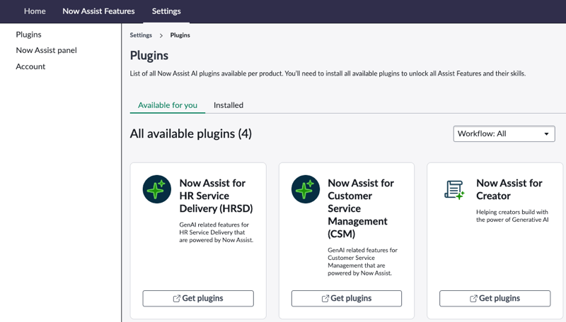Now Assist settings page that lets you install plugins, activate the Now Assist panel, and view account details.