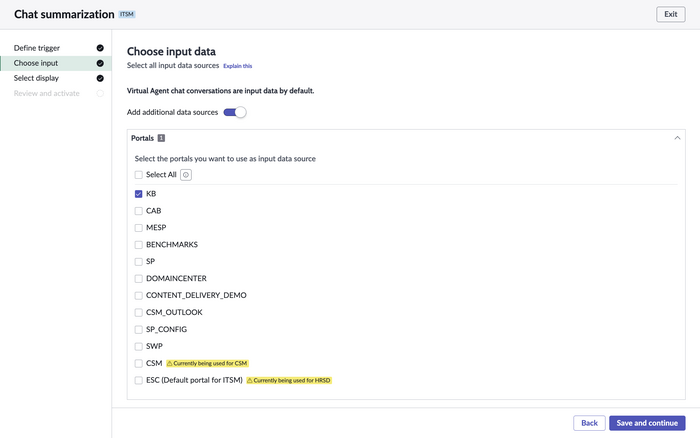 Inputs selected for Now Assist chat summarization.