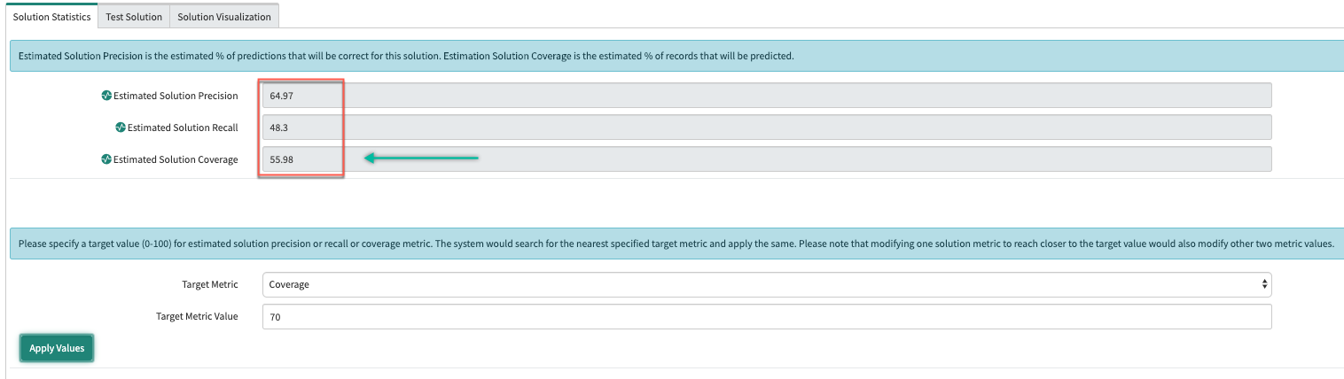 The estimated precision, recall, and coverage values the system assigned to the solution based on your Coverage input value of 70%.
