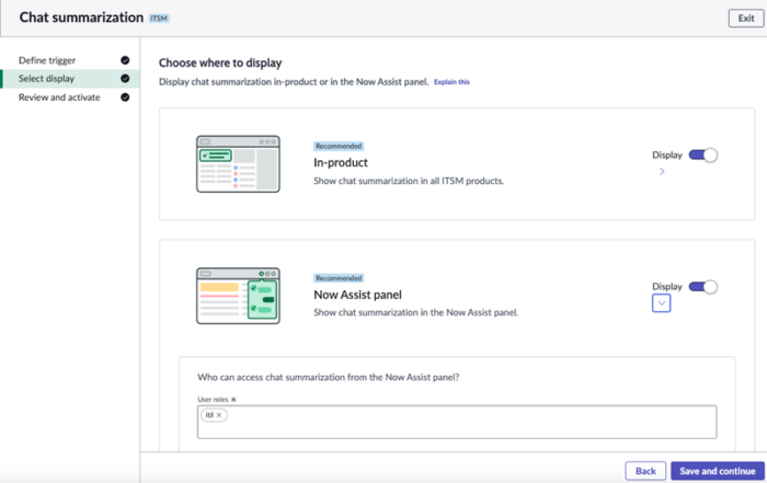 Step in the skill activation process: Choosing where to display the skill. You can specify either in-product, the Now Assist panel, or both locations.