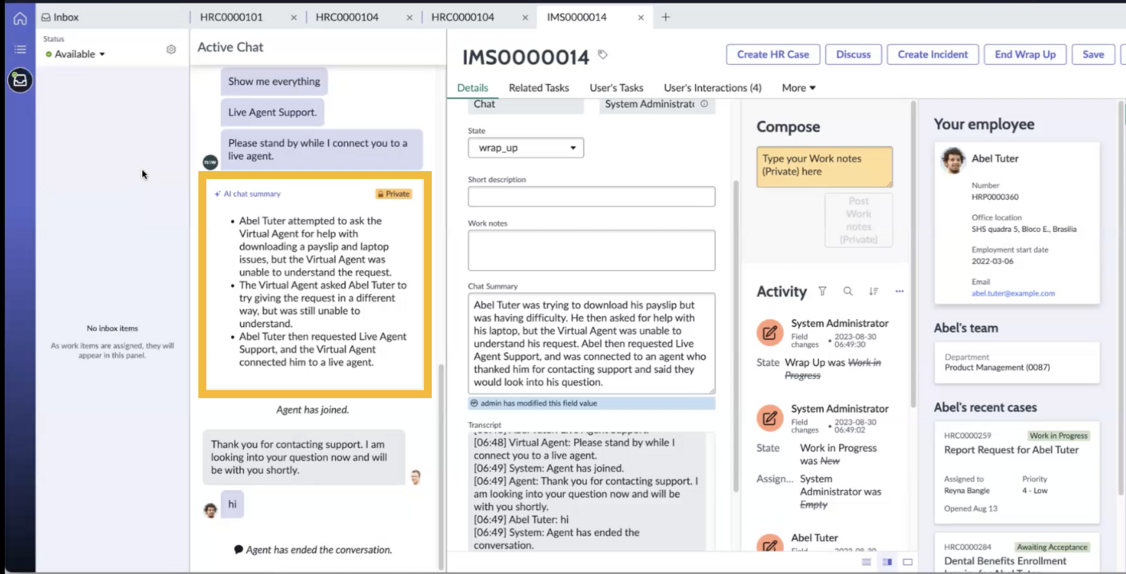 Chat summarization of Virtual Agent to live agent conversation.