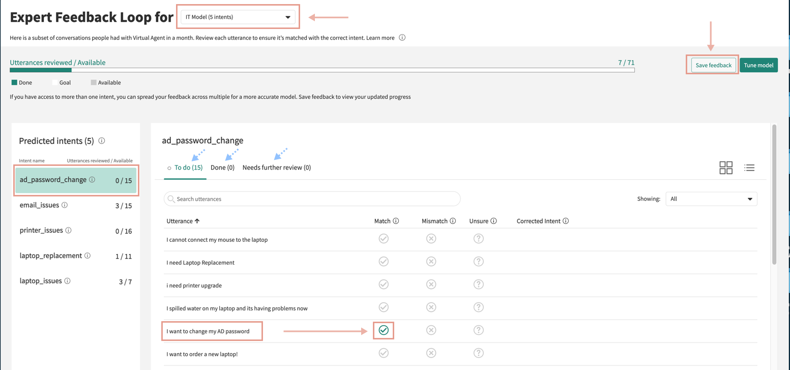 Select a predicted intent so you can mark its utterances during review