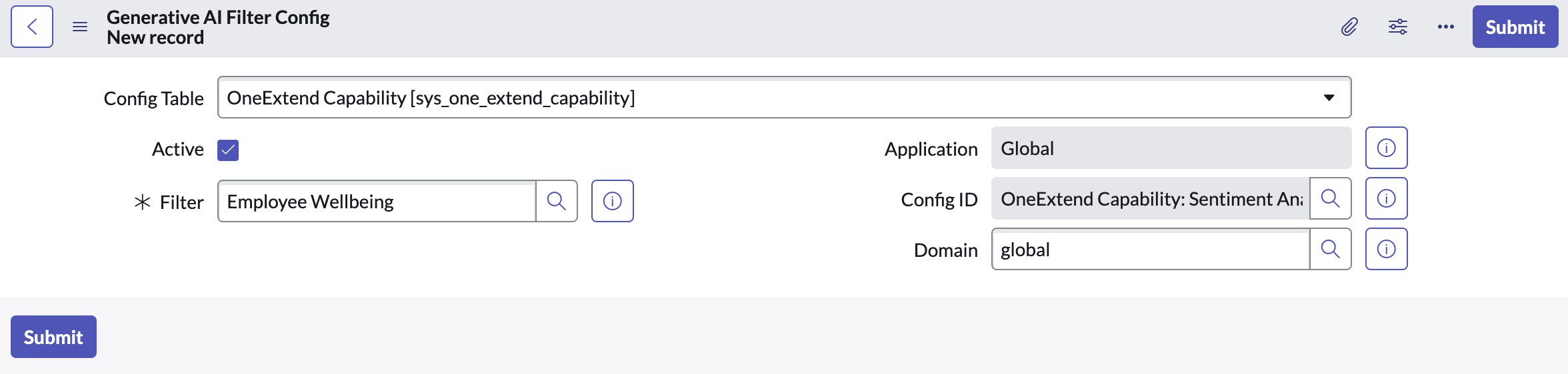 Generative AI Filter Config record with config table, filter, and config ID filled in.
