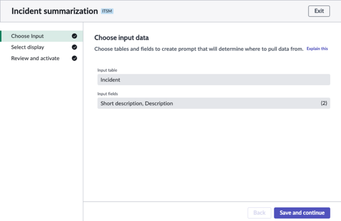 First step of the Now Assist incident summarization skill, which shows the input fields that the summary is based on.