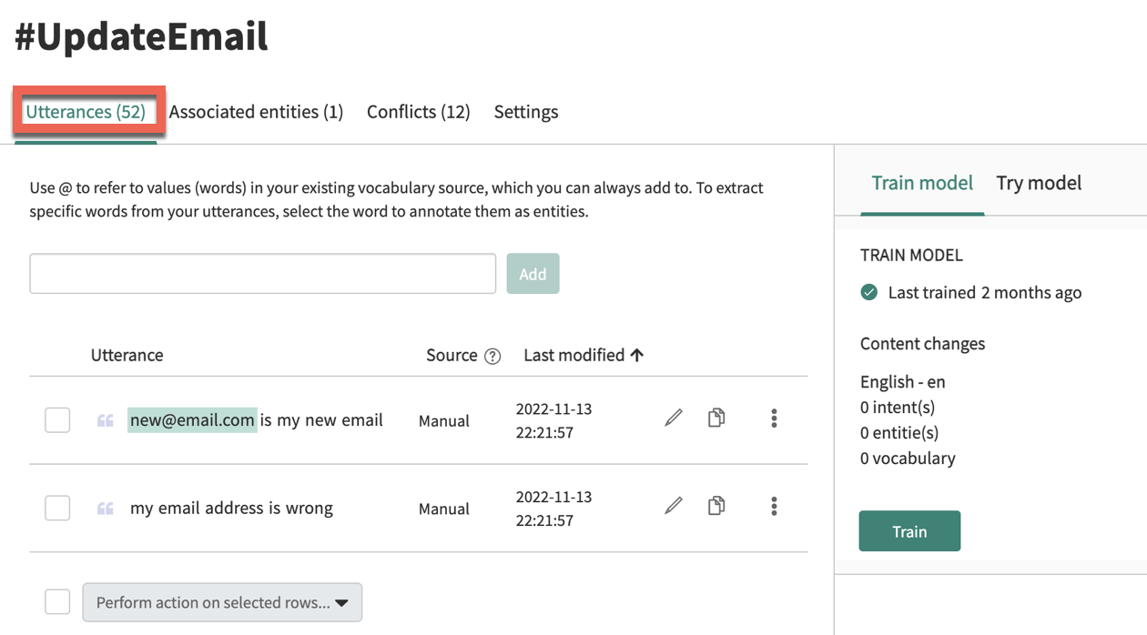 Utterances tab for an example intent.
