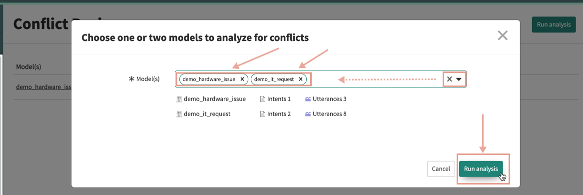 You can choose one or two models for the conflict analysis and then click the Run Analysis button