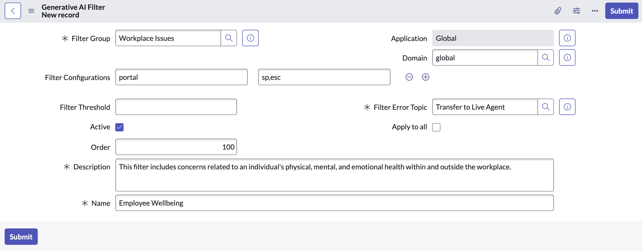 Generative AI Filter record with filter group, filter configurations, filter threshold, order, filter error topic, description, and name filled in.