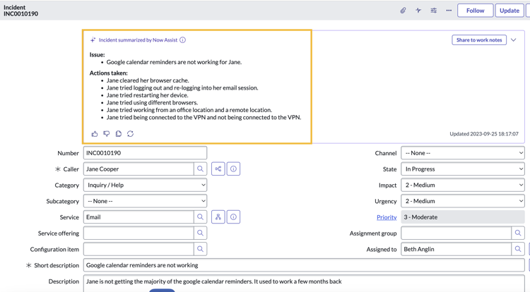 Incident summarization in Now Assist for ITSM in Core UI