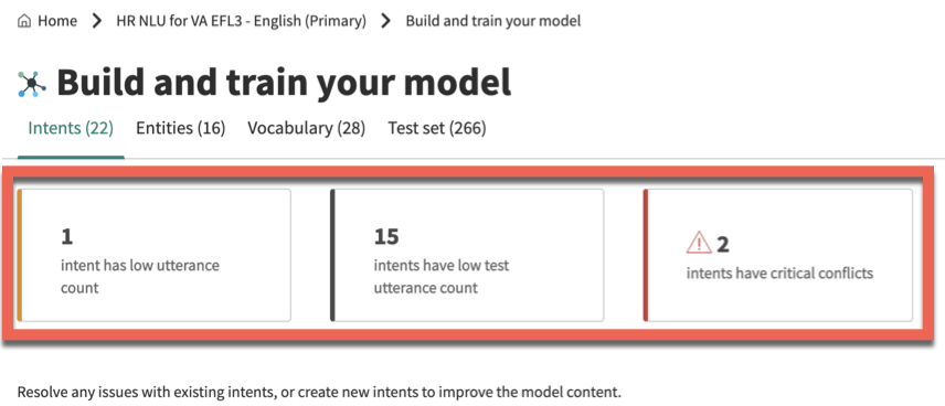 In the Build and train your model phase, the highlighted cards notify the user about several issues with this model's intents.