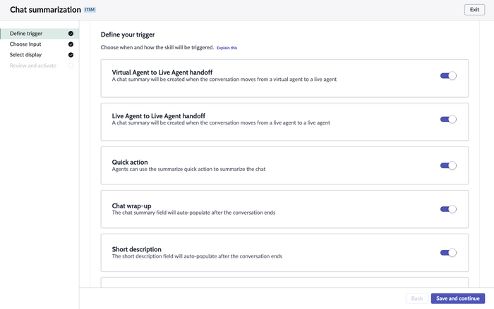 Triggers selected for Now Assist chat summarization.