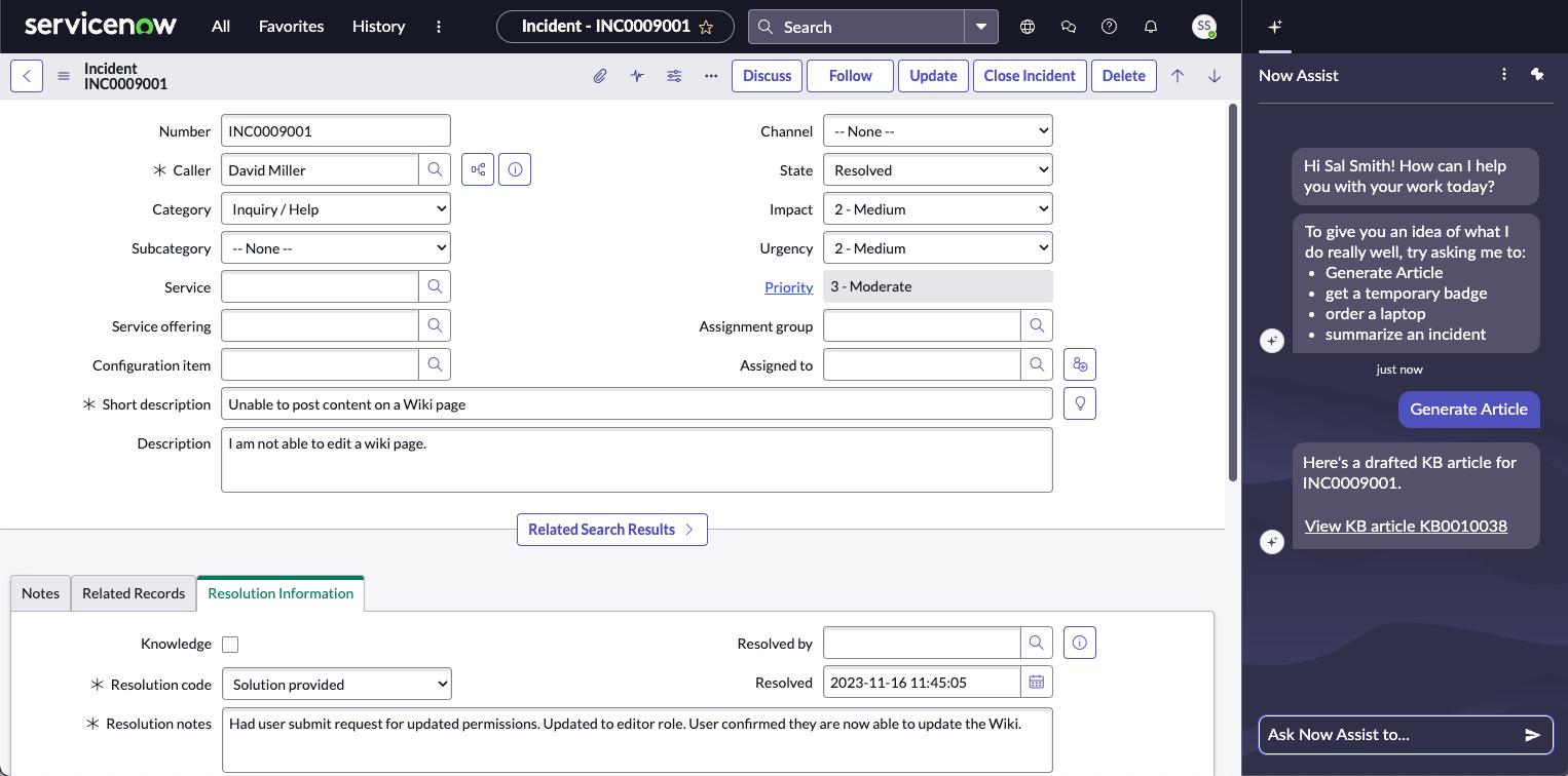 The Now Assist panel used to generate a knowledge article from an incident in the classic environment.