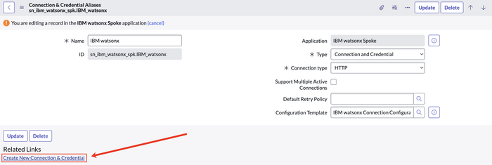 Create New Connection & Credential related link highlighted on the screen.