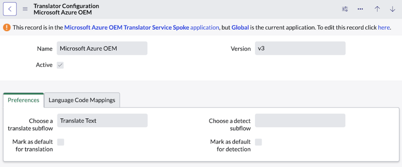 Record of the Microsoft Azure OEM in the Translator Configurations table