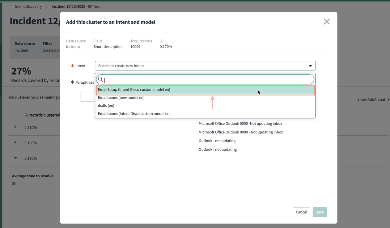 How to add an a cluster to an intent and its model