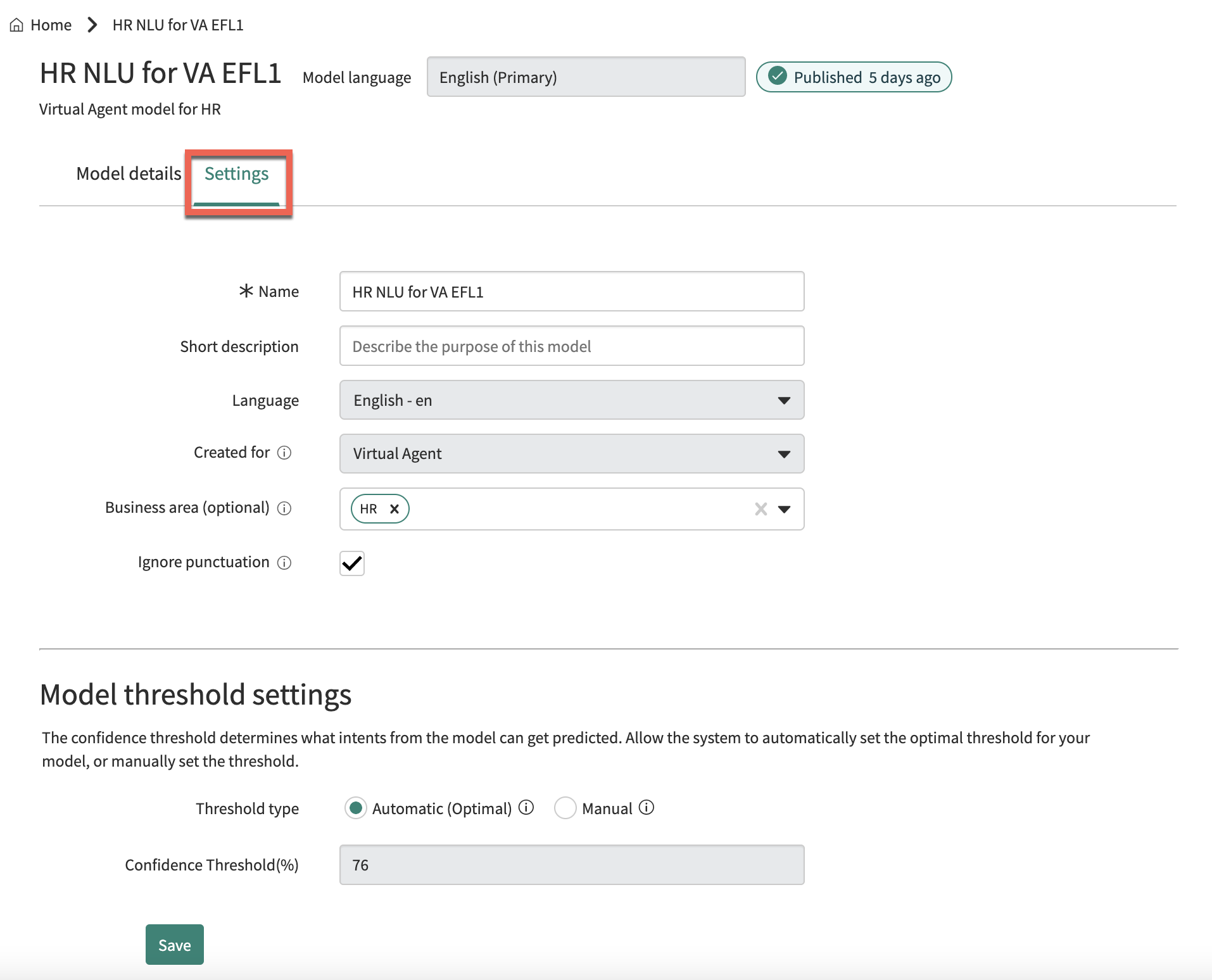 Model settings on the model's overview page