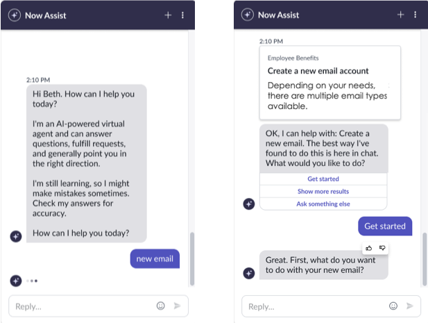 User asks for a new email. Virtual Agent matches this request with a catalog item and presents it to the user.