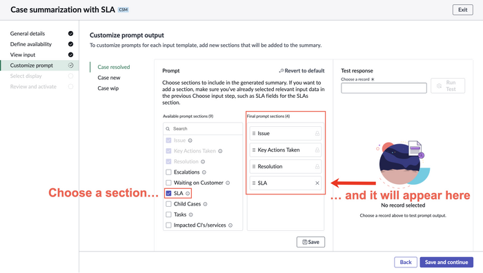 Add prompt output sections to the summary. The SLA has been added here.