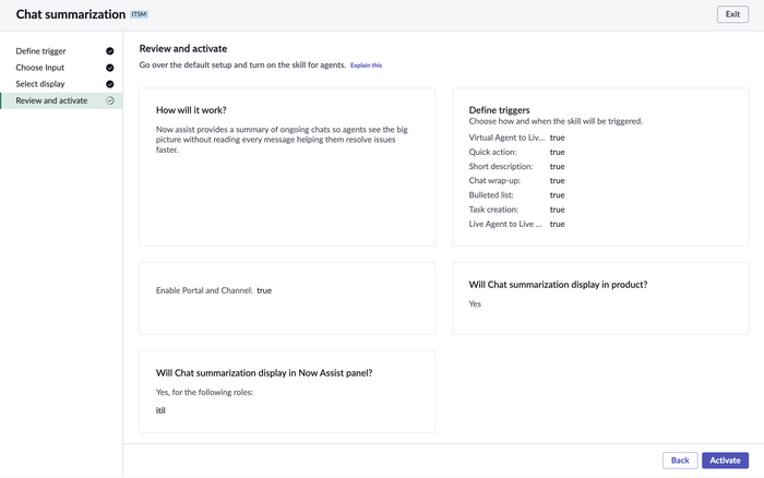 Review and activate step for Now Assist chat summarization.