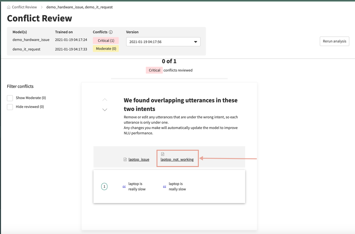 You can open an intent to review the utterances inside it; this helps them determine which utterance to edit, delete, or ignore