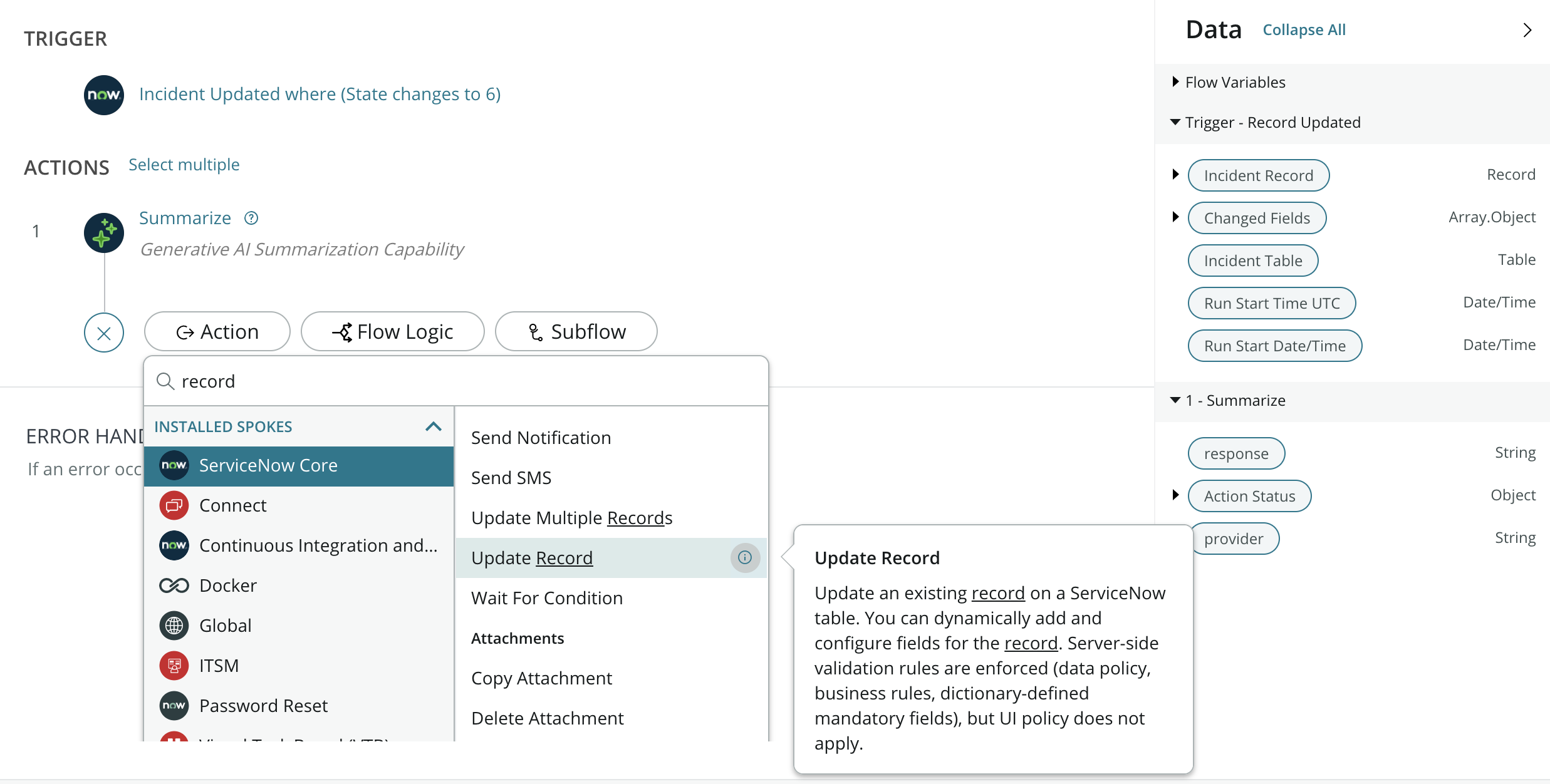 Update Record action in the Actions panel