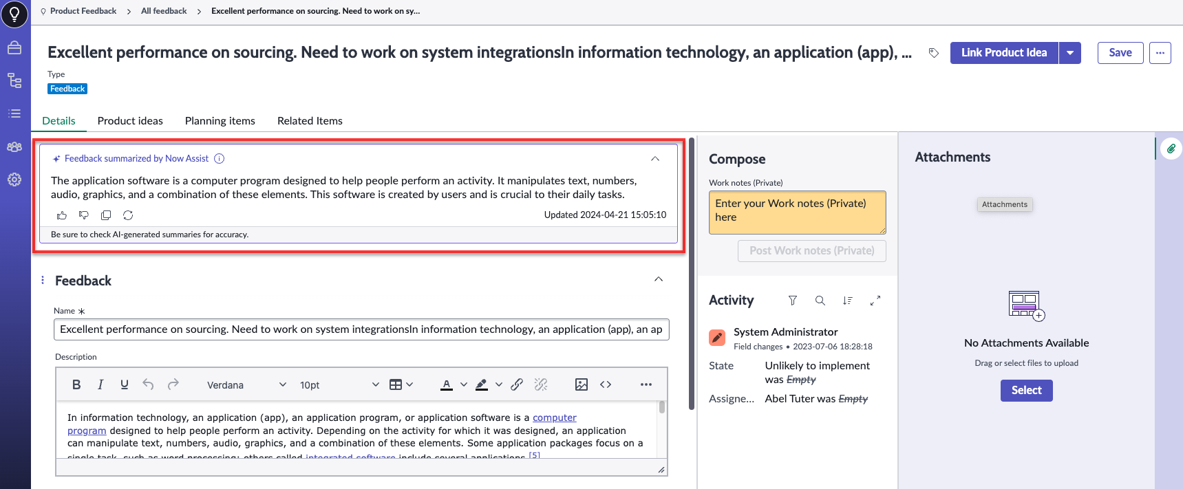 Now Assist generated feedback summary in the Now Assist for Strategic Portfolio Management (SPM).