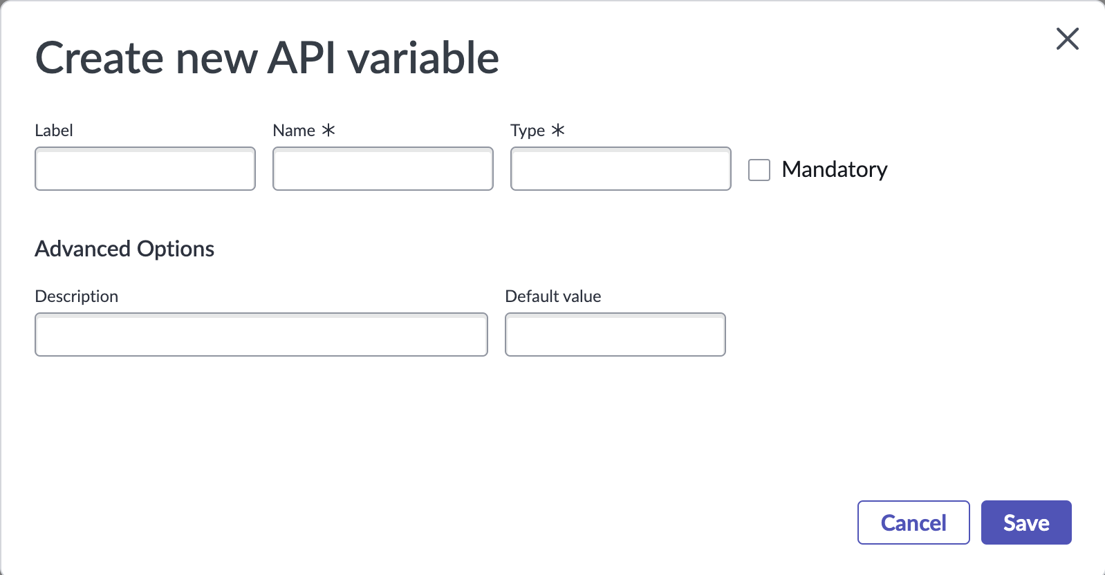 Create new API variable window.
