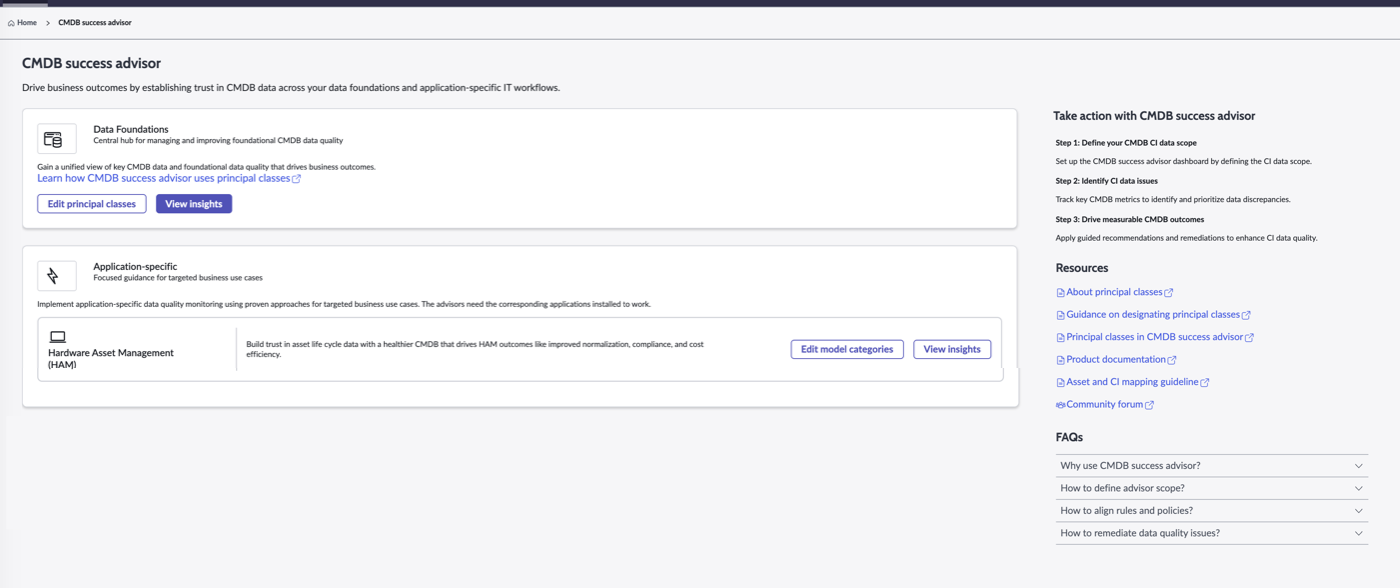 Landing page of CMDB success advisor.