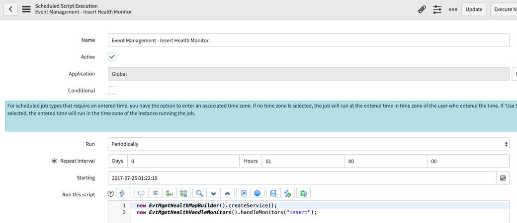 Gestão de eventos - Inserir página de execução de script de trabalho do Monitor de integridade