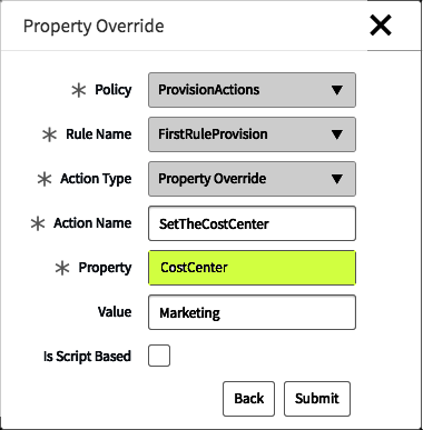 Configure uma ação de substituição de propriedade