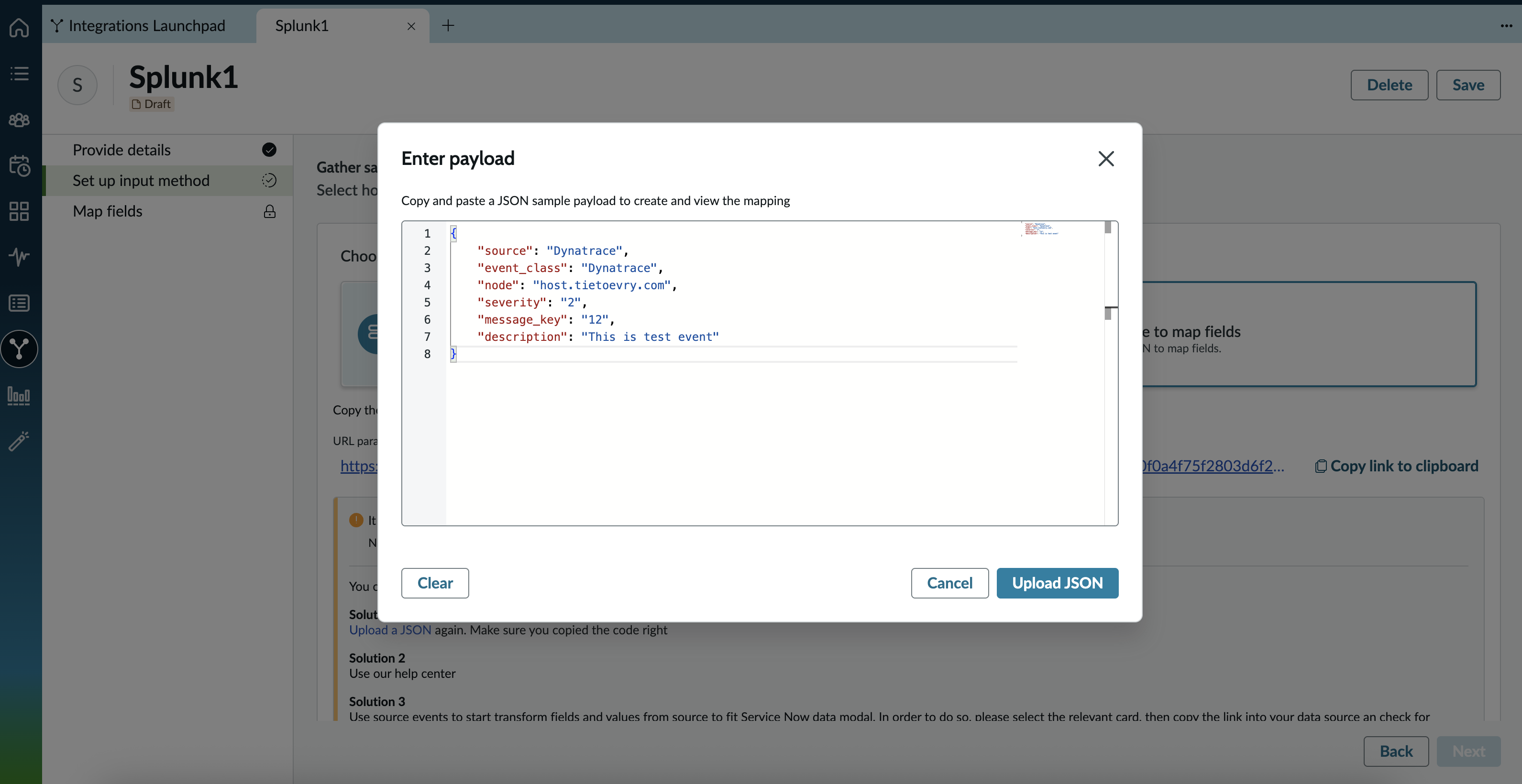 Carregamento de carga JSON do conector personalizado