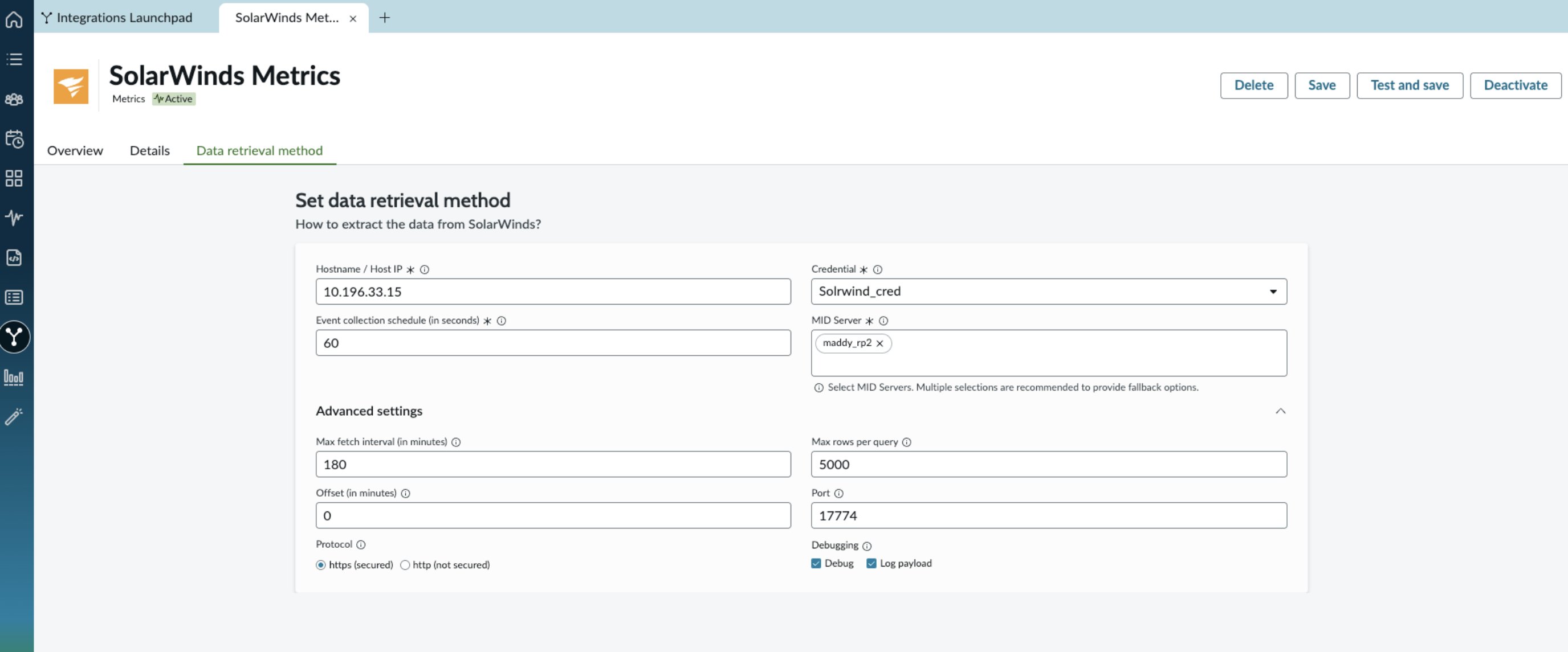 Página Método de recuperação de dados no solarwinds Metrics Connector.