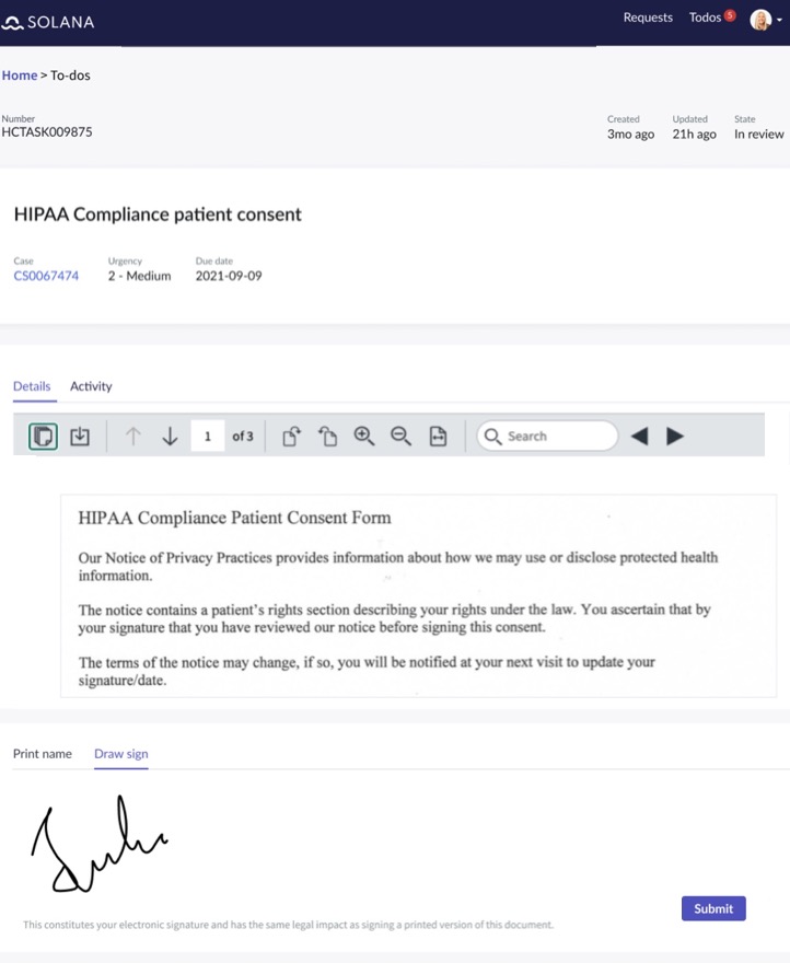 Infográfico exibindo uma amostra de formulário eletrônico de consentimento do paciente de conformidade com HIPAA, com o qual os usuários podem interagir e assinar digitalmente.