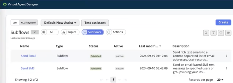 Guia Subfluxos em Designer do Virtual Agent que exibe informações básicas sobre subfluxos de conversa em uma lista.