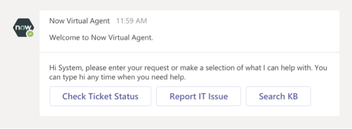 Conversa do Microsoft Teams mostrando uma mensagem de boas-vindas com opções de tópico e solicitando que você digite oi para se precisar de mais ajuda.